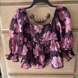 Thirty/Thirty Floral Pink and Black Women's Peplum Top